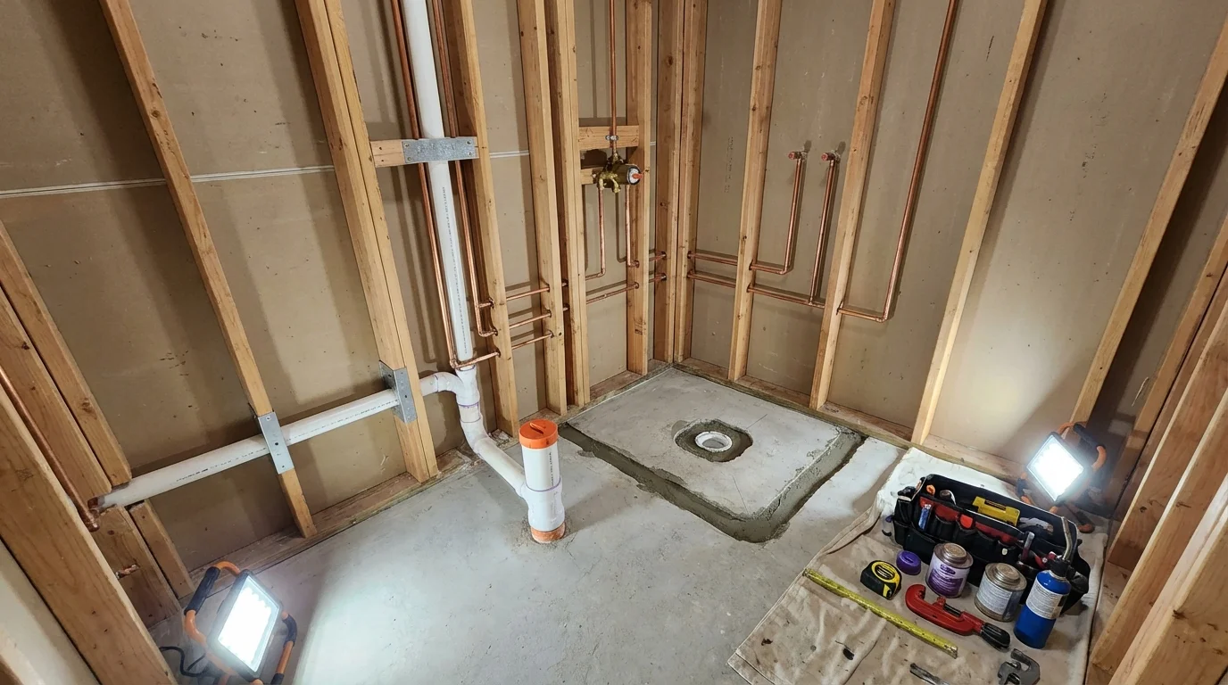 Bathroom rough-in plumbing during remodel by Johns Plumbing LLC in Manor