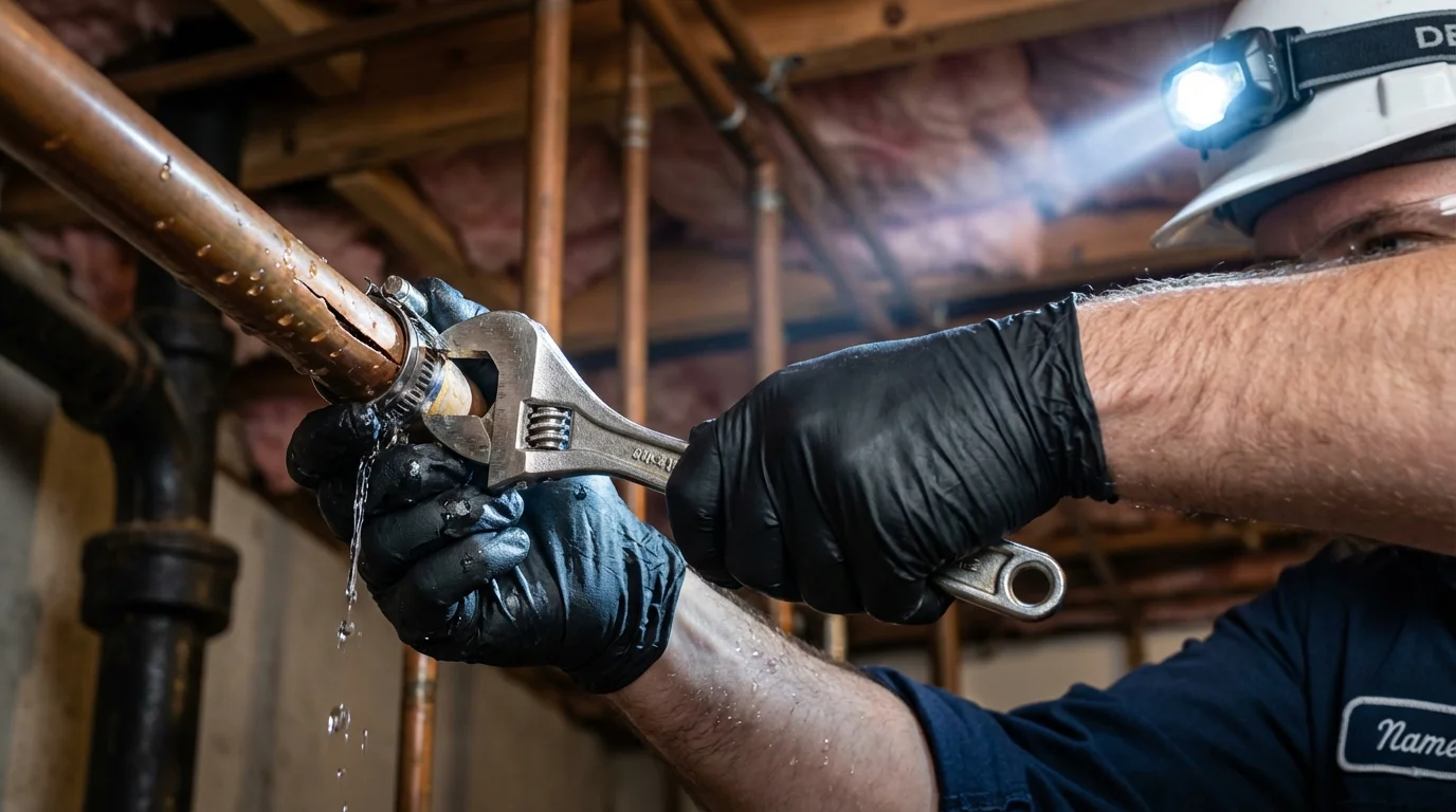 Emergency pipe clamp repair being performed by a Johns Plumbing LLC plumber in Manor