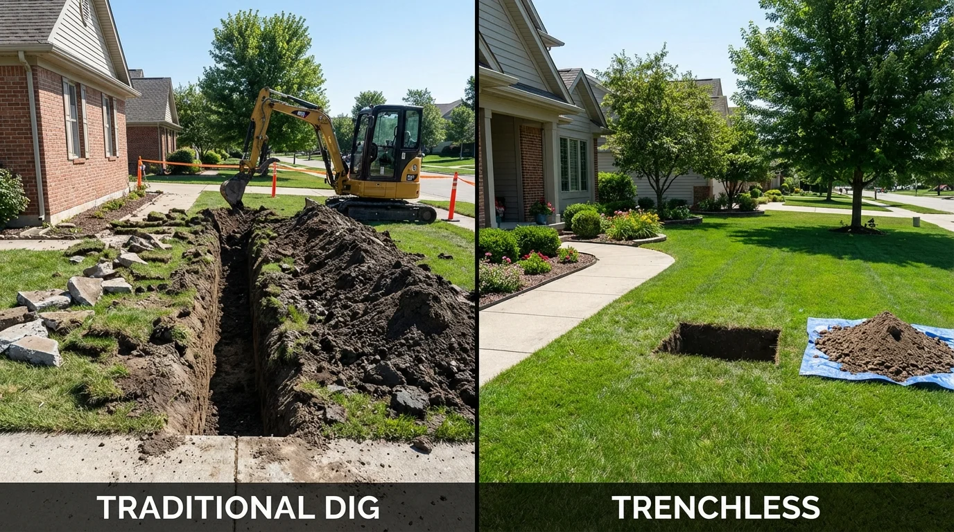 Trenchless sewer repair with minimal yard damage versus traditional excavation in Manor, PA